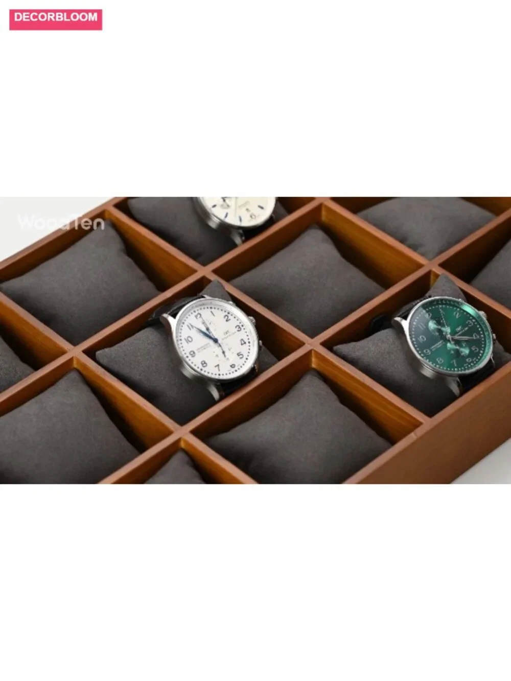 Solid Wood 12-Slot Watch Storage Tray with Microfiber Pillows
